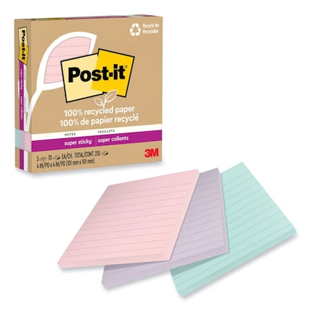 Post It Notes Super Sticky 100% Recycled Paper Super Sticky Notes, Ruled, 4 x 4, Wanderlust Pastels, 70 Sheets/Pad, 3PK 70007079596